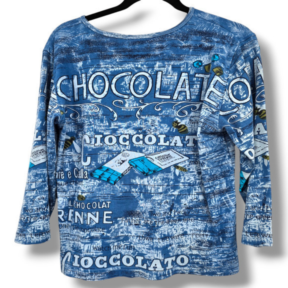 Jane Ashley Petite Vintage Women's Bling Chocolate Bee V Neck Shirt Blue Size PM - Picture 2 of 8